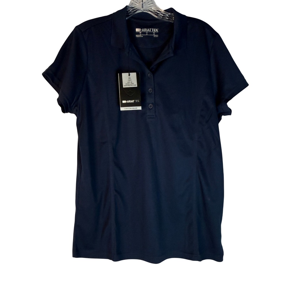 NWT Ariat TEK Wins SS Polo Shirt Women's L Navy UPF 45 Cooling Stretch